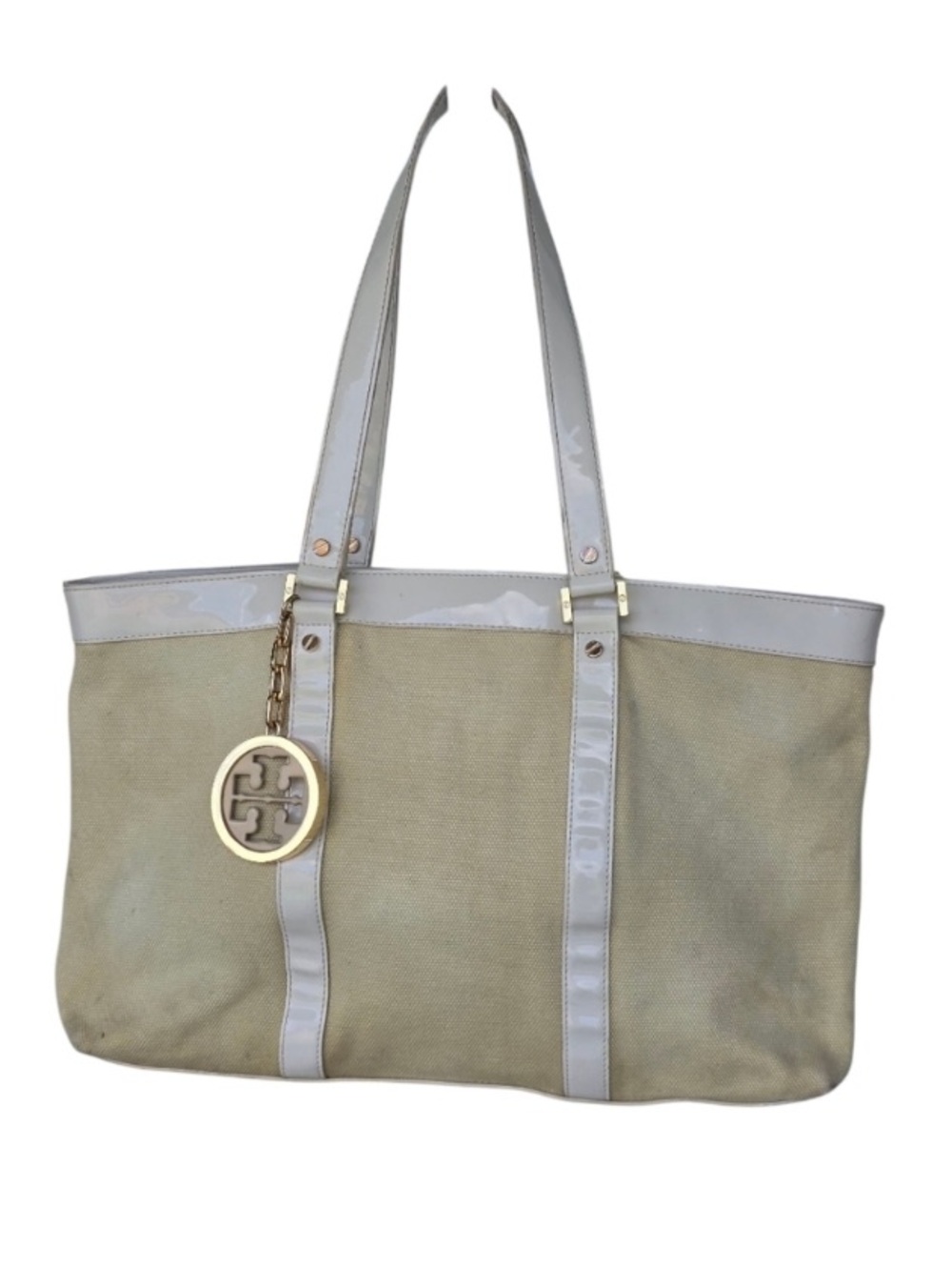 Tory Burch Canvas Tote Bag with White Trim and Gold Accent